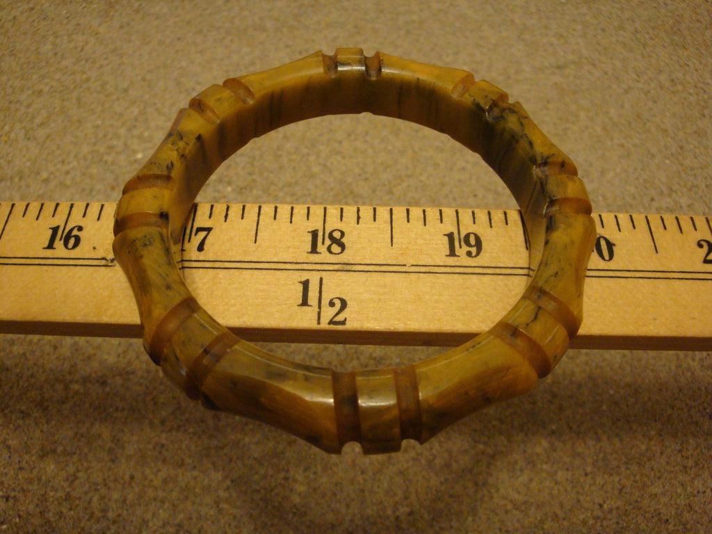 Vintage 1/2" Bakelite "Bamboo" Bracelet! Dark Mustard Yellow w/ Green Marbling!