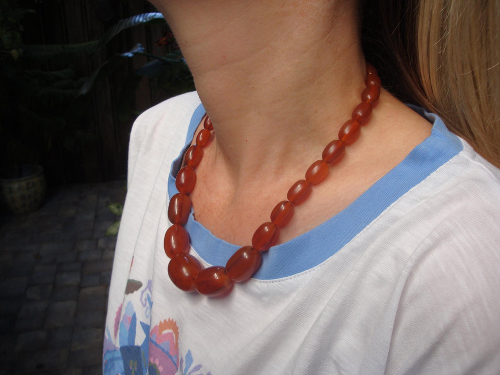 Vintage Marbled Copper Bakelite Barrel Bead Necklace, 18"