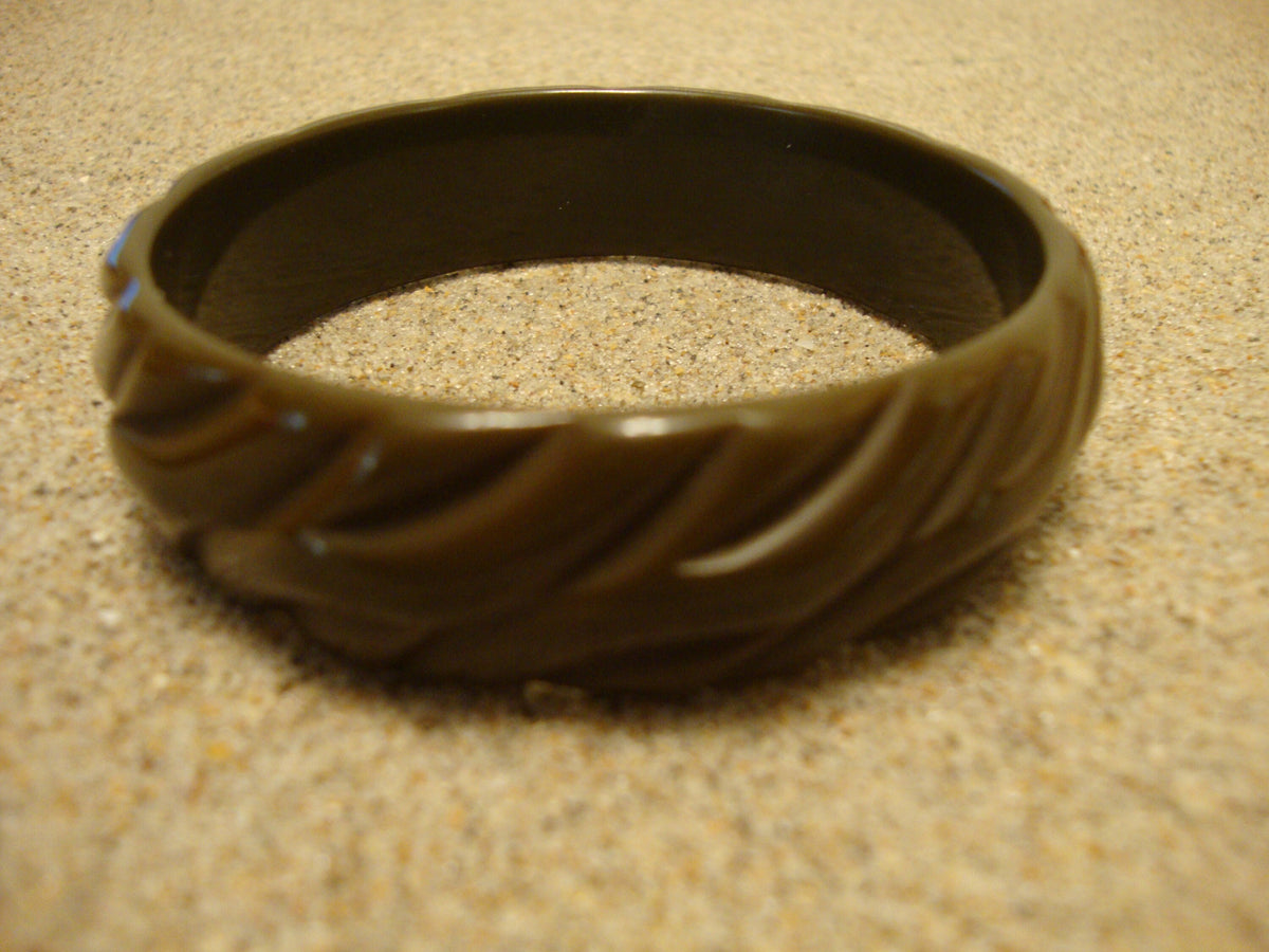 Vintage Olive Green Bakelite Bracelet: Abstract Carved Bangle