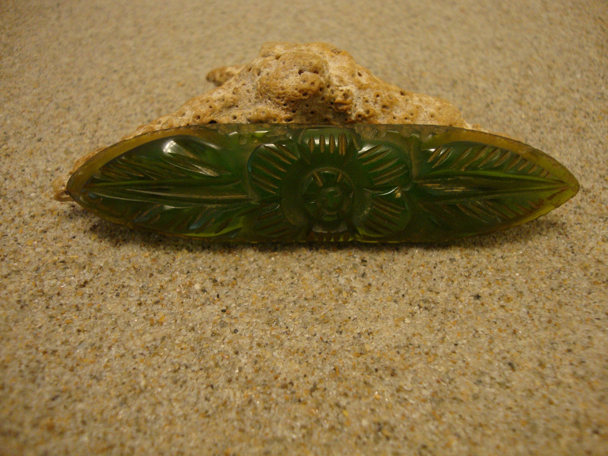 Vintage Bakelite Brooch! Translucent Lime Green w/ Carved Flower & Leaf Design!