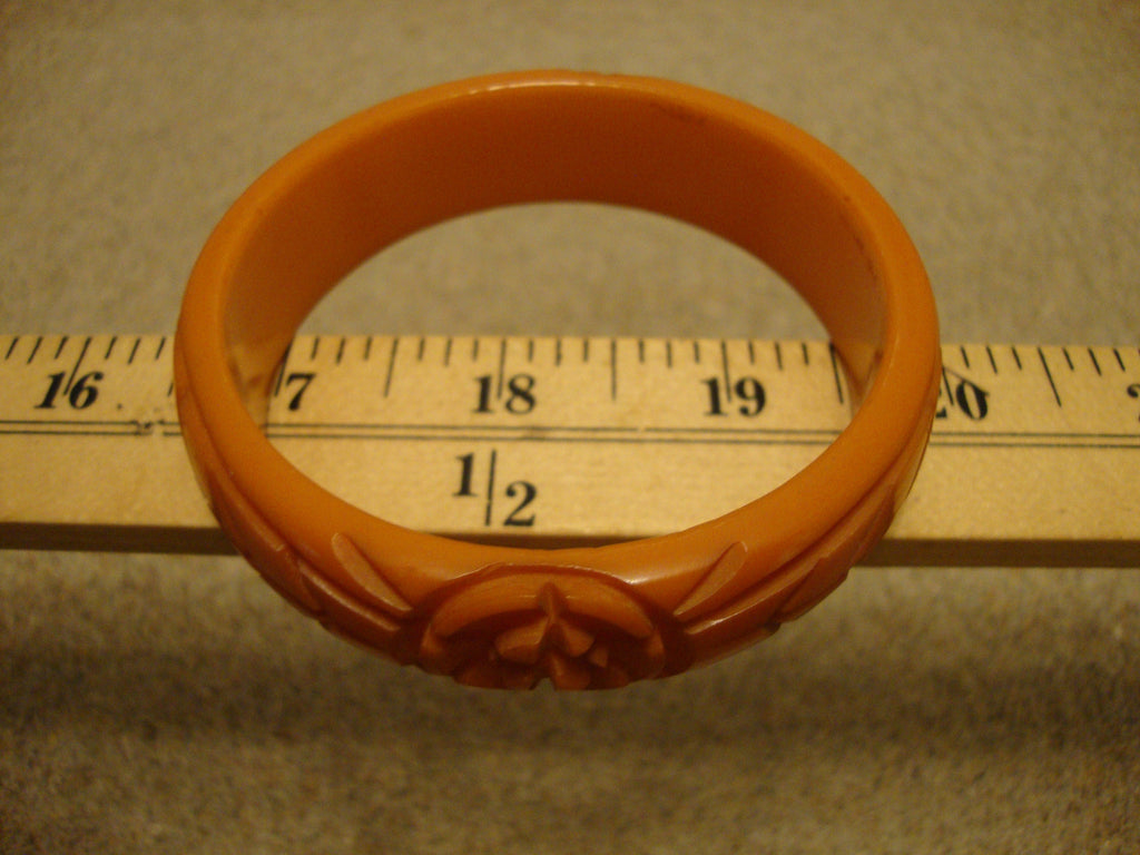 Vintage 3/4" Bakelite Bracelet! Bright Orange; Abstract Flower & Leaf Carvings!