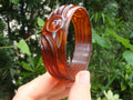 Vintage 7/8" Bakelite Bracelet! Translucent Copper & Rust w/Circle Dot and Contoured Carvings!