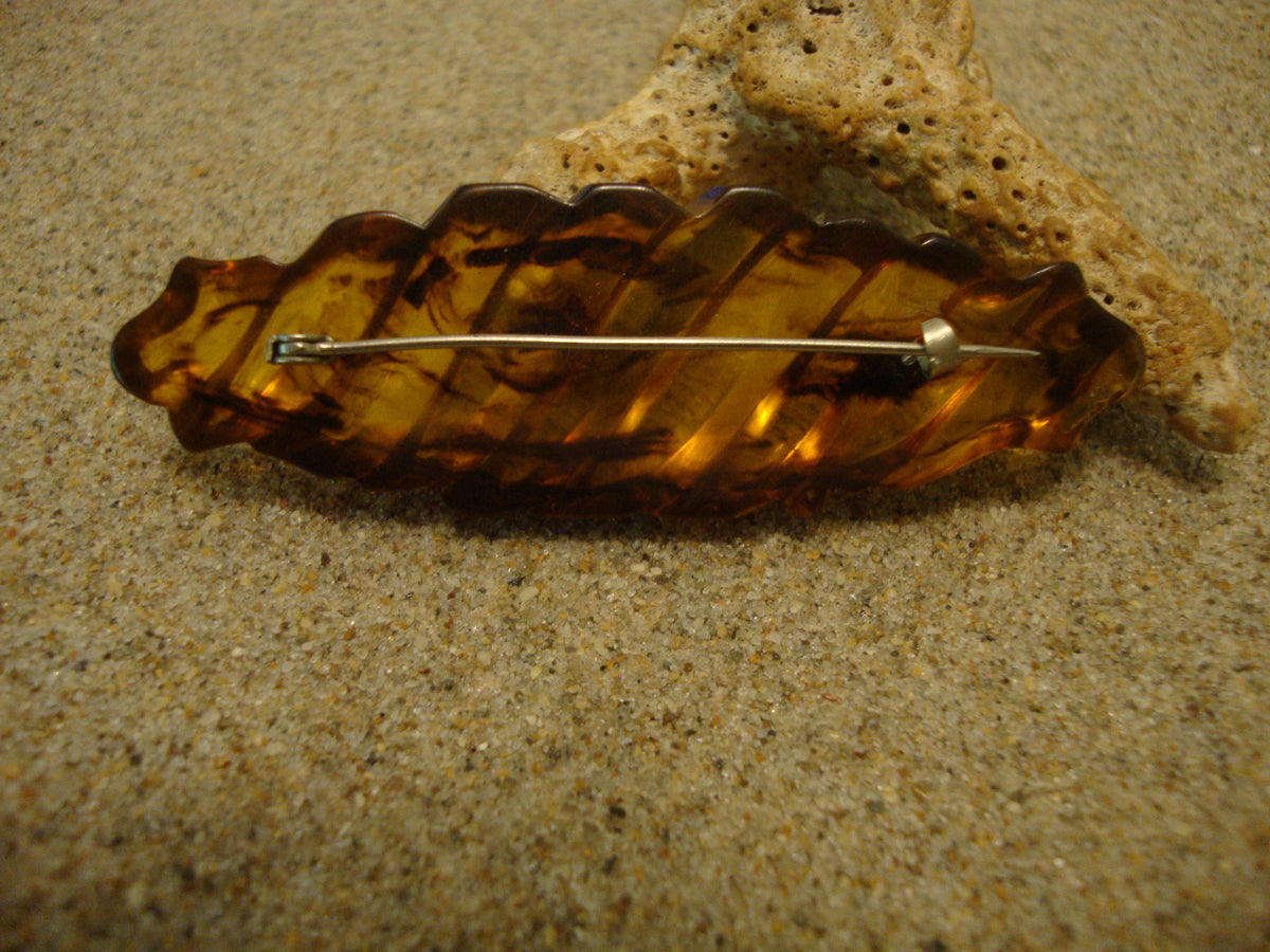 Vintage Bakelite Brooch: Gold Marbled Carved Design, 1940s