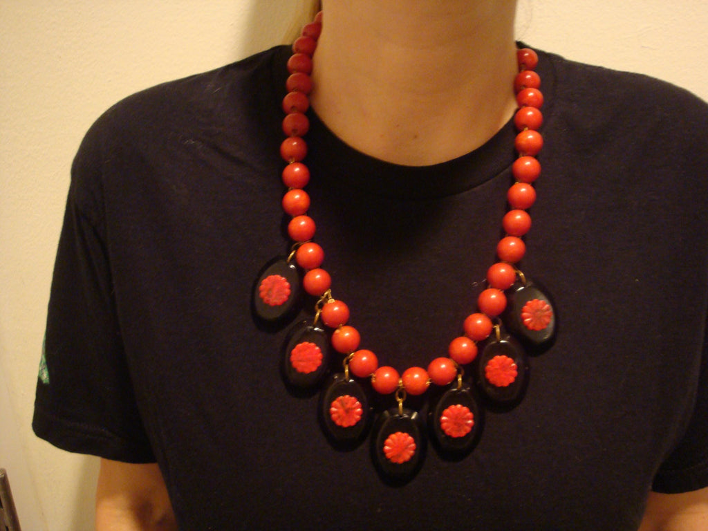 Vintage 23" Bakelite Necklace! Double Chain w/ Paprika Beads & Black Medallions!