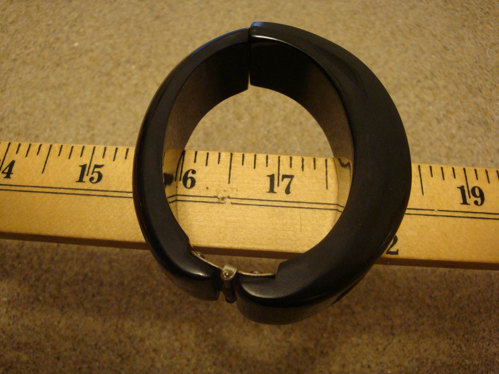 Art Deco Era True Black Bakelite Clamper Bracelet! Sleek Grooved Carved Design!