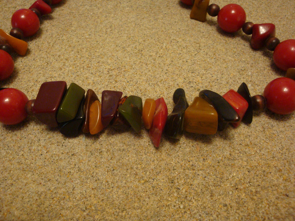 Unique 27" Artisan Bakelite Necklace! Round Red Beads w/ Multi Colored Chunks!