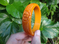 Vintage 3/4" Bakelite Bracelet! Bright Orange; Abstract Flower & Leaf Carvings!