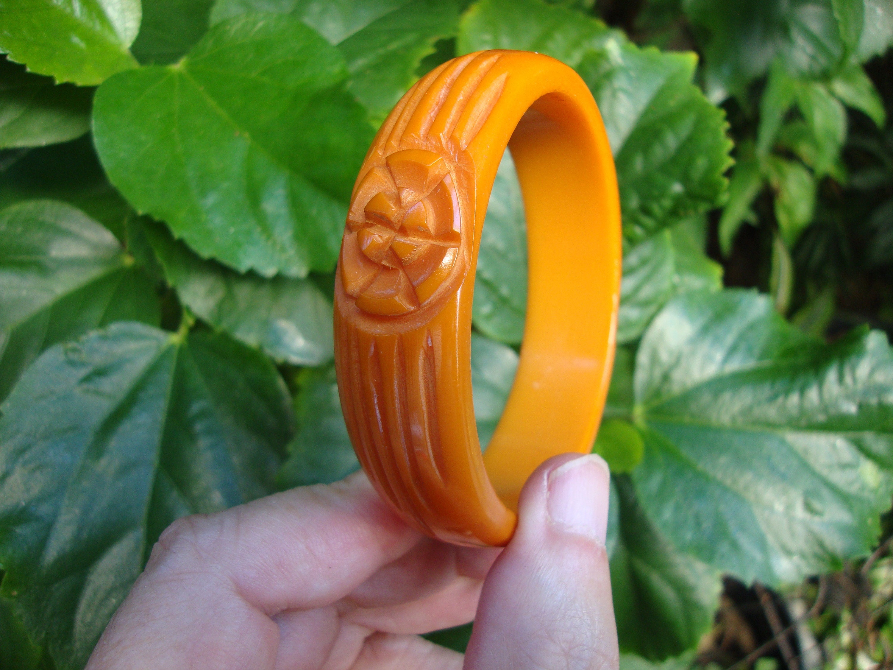Vintage 3/4" Bakelite Bracelet! Bright Orange; Abstract Flower & Leaf Carvings!