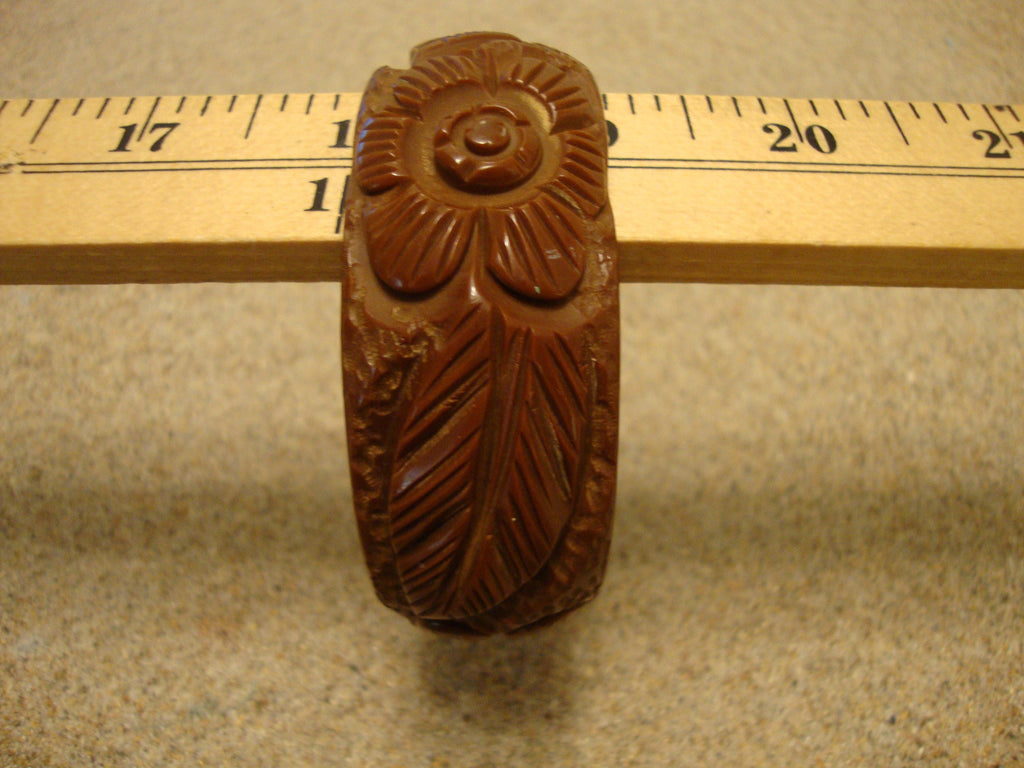 Vintage Chocolate Brown Bakelite Bracelet: Carved Flower & Leaf Design