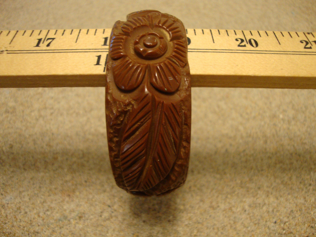 Vintage Chocolate Brown Bakelite Bracelet: Carved Flower & Leaf Design