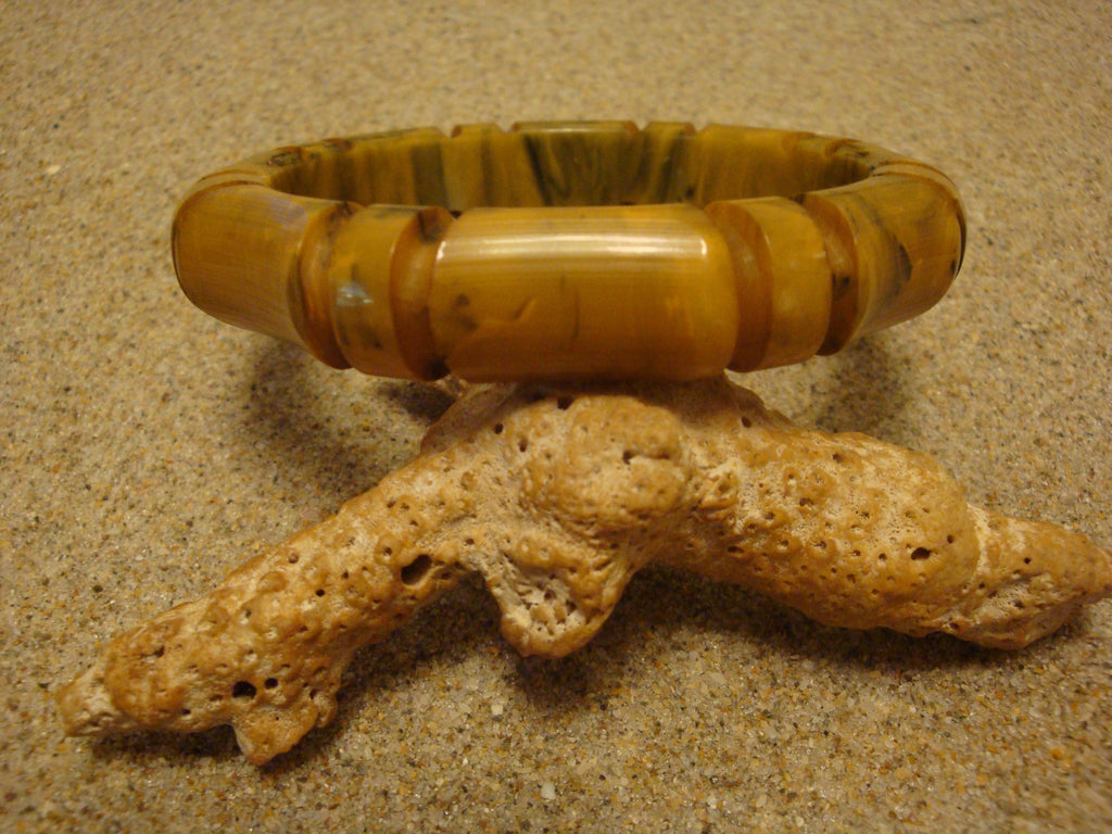 Vintage 1/2" Bakelite "Bamboo" Bracelet! Dark Mustard Yellow w/ Green Marbling!