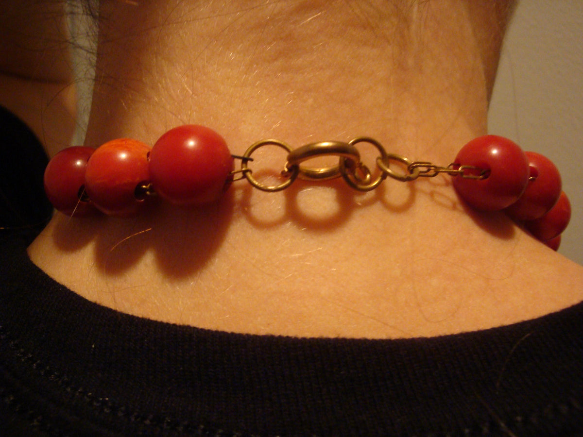 Vintage 23" Bakelite Necklace! Double Chain w/ Paprika Beads & Black Medallions!