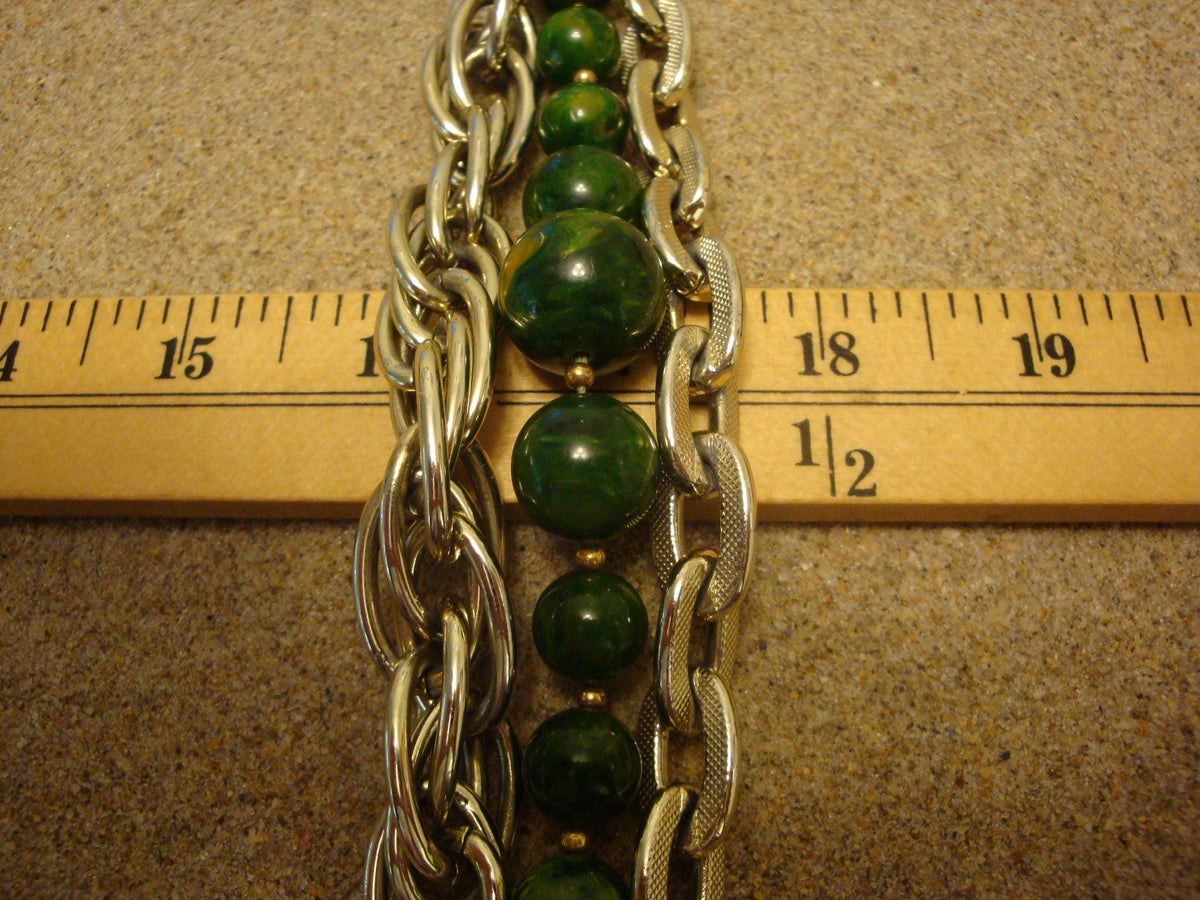 Vintage Marbled Green Bakelite Bead Bracelet with Silver-tone Chain