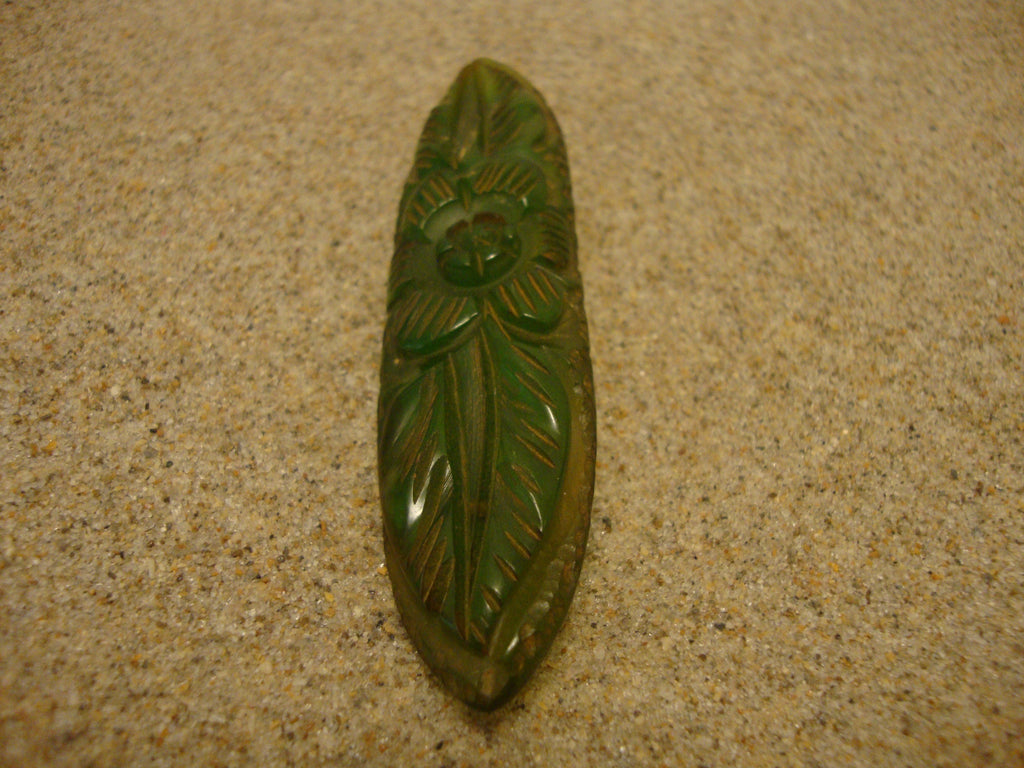 Vintage Bakelite Brooch! Translucent Lime Green w/ Carved Flower & Leaf Design!