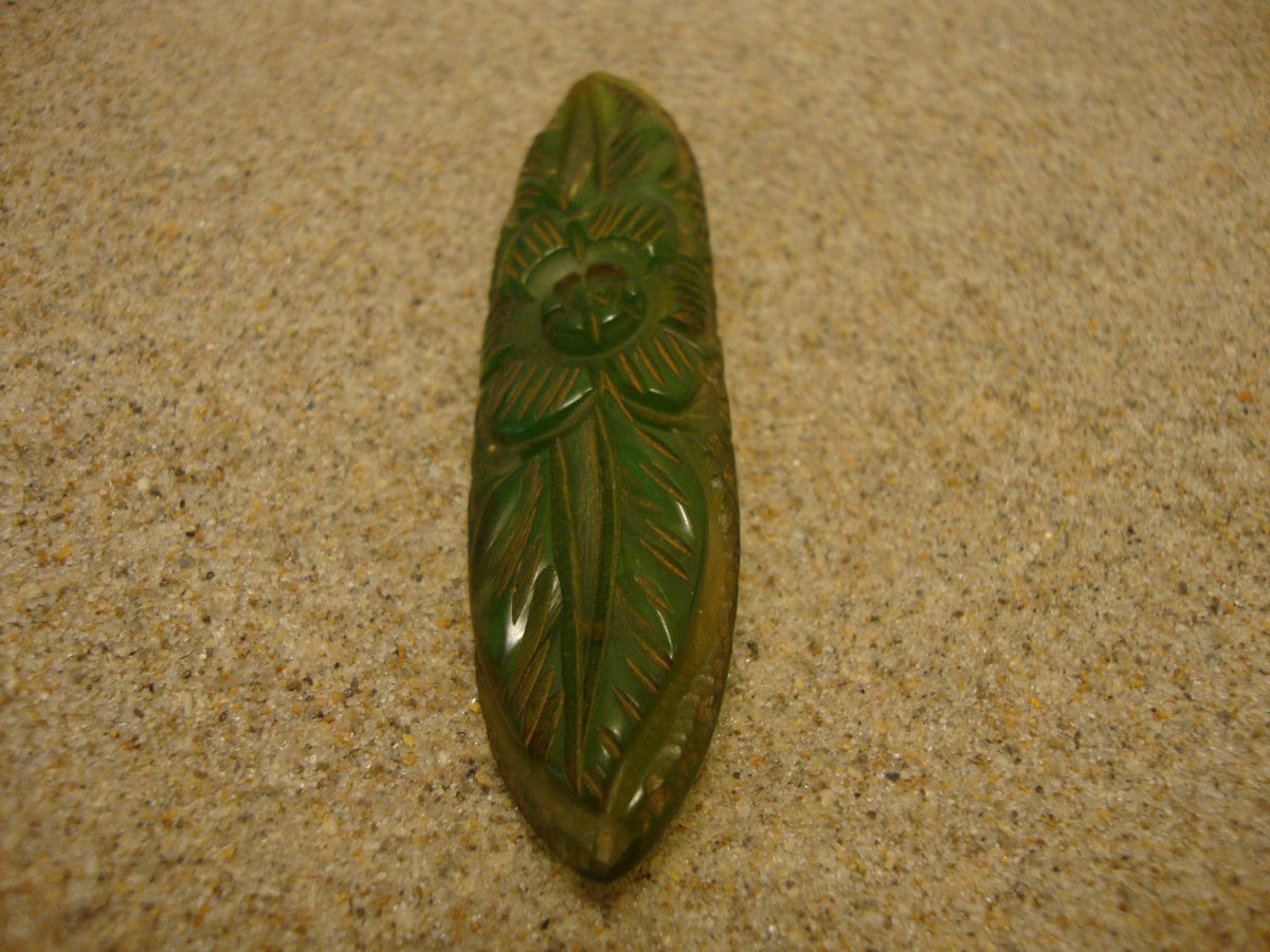 Vintage Bakelite Brooch! Translucent Lime Green w/ Carved Flower & Leaf Design!