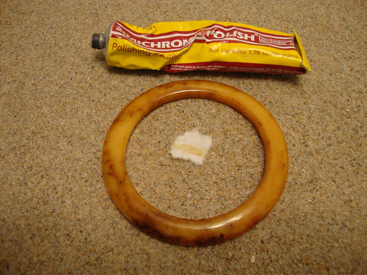 Vintage 1/4" Bakelite "Flying Saucer" Bracelet! Yellow Custard w/ Brown & Rust Marbling!