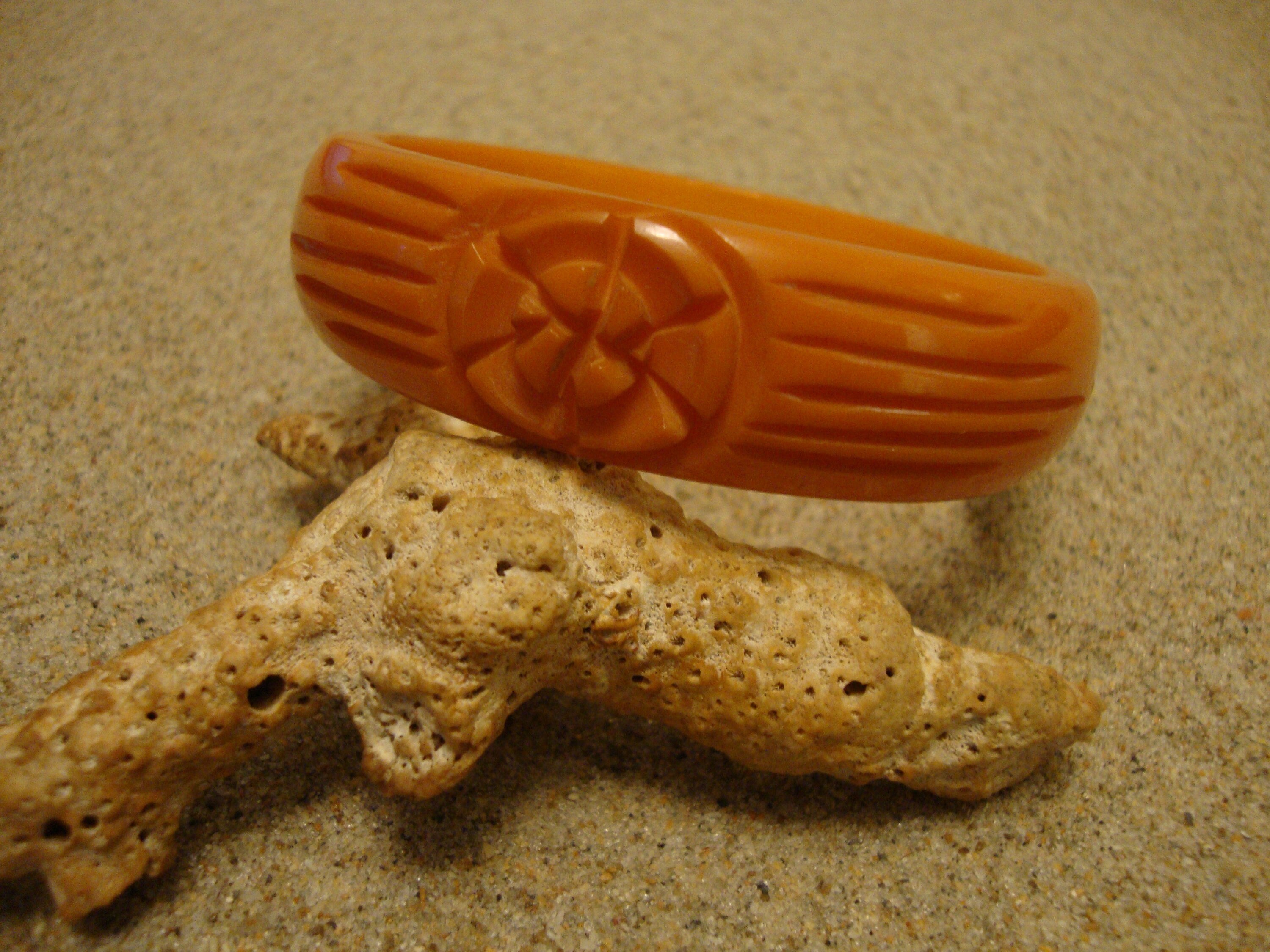 Vintage 3/4" Bakelite Bracelet! Bright Orange; Abstract Flower & Leaf Carvings!