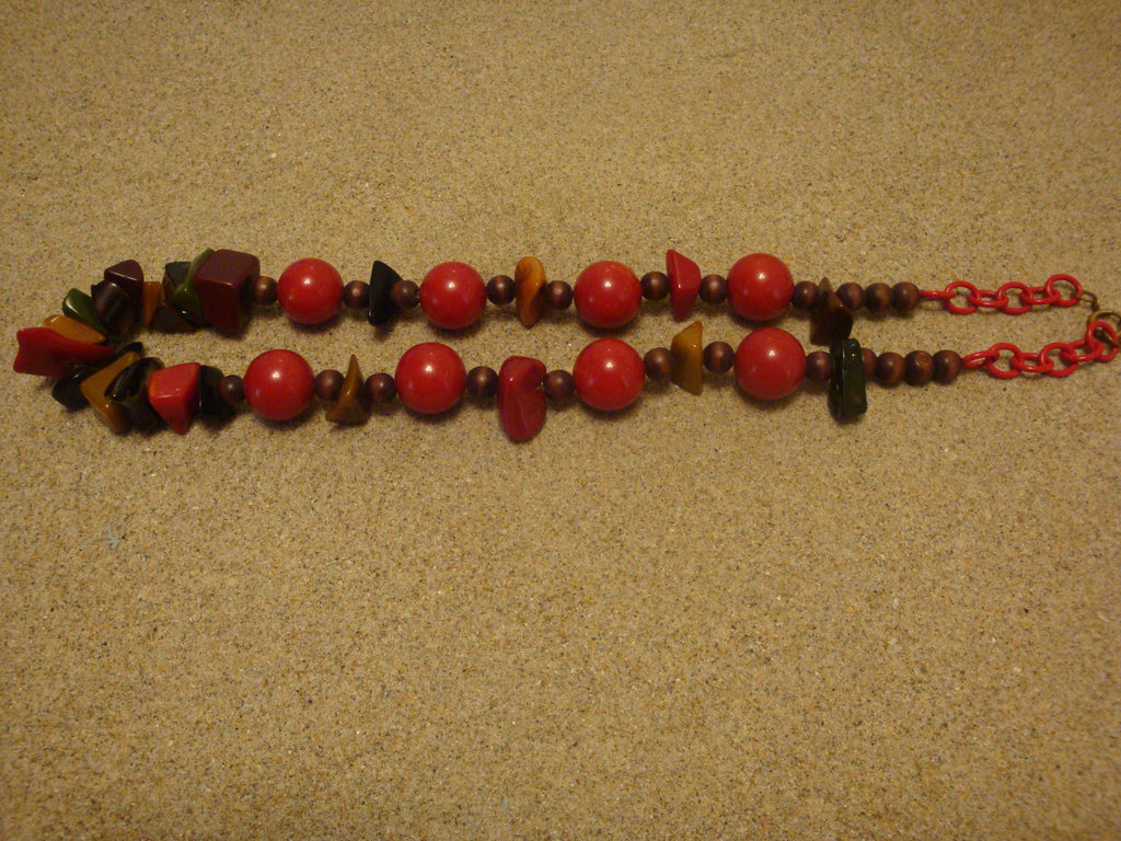 Unique 27" Artisan Bakelite Necklace! Round Red Beads w/ Multi Colored Chunks!