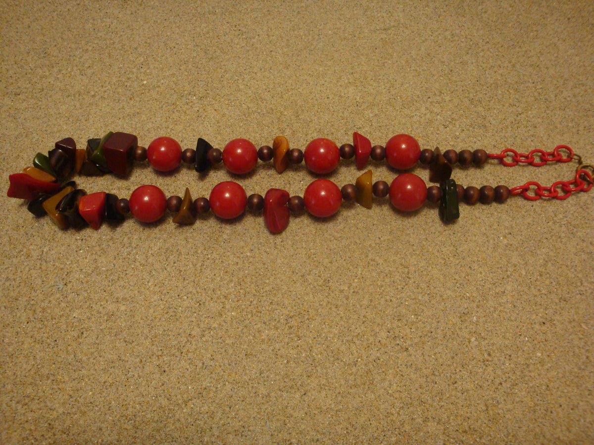 Unique 27" Artisan Bakelite Necklace! Round Red Beads w/ Multi Colored Chunks!