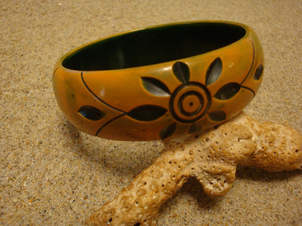 Vintage Orange Bakelite Bracelet w/ Green Overdye & Three Large Flower Carvings!