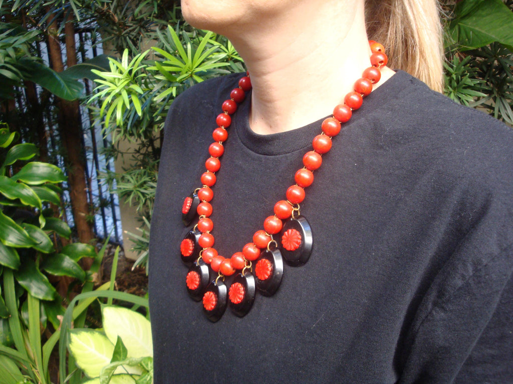 Vintage 23" Bakelite Necklace! Double Chain w/ Paprika Beads & Black Medallions!