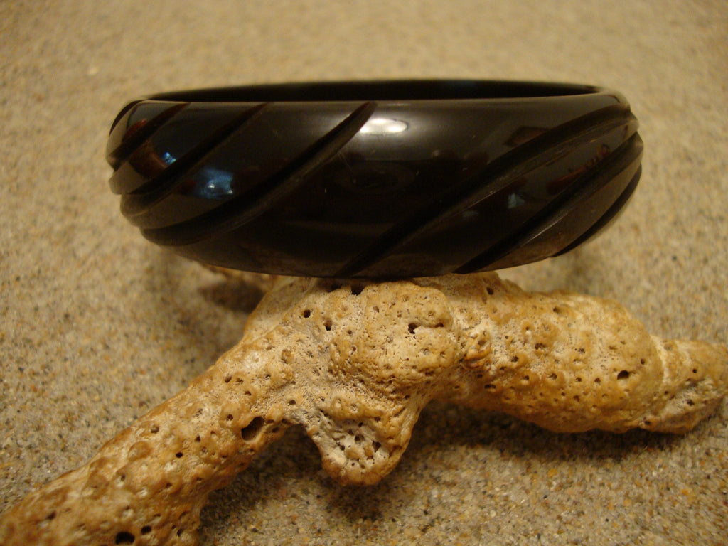 Vintage Carved Bakelite Bracelet: Dark Greenish Brown, Abstract Floral Design