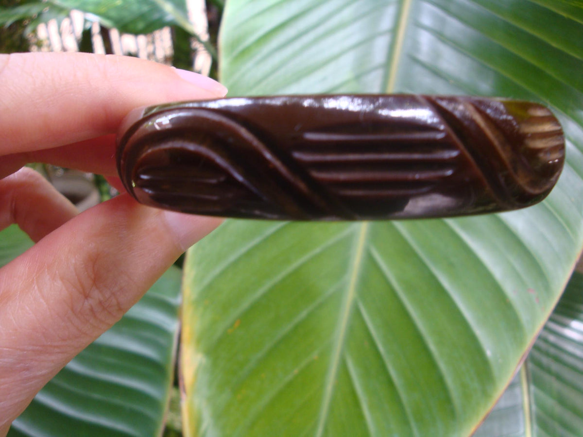 Vintage 5/8" Bakelite Bracelet! Brown w/ Semi Circle & Horizonal Slash Carvings!