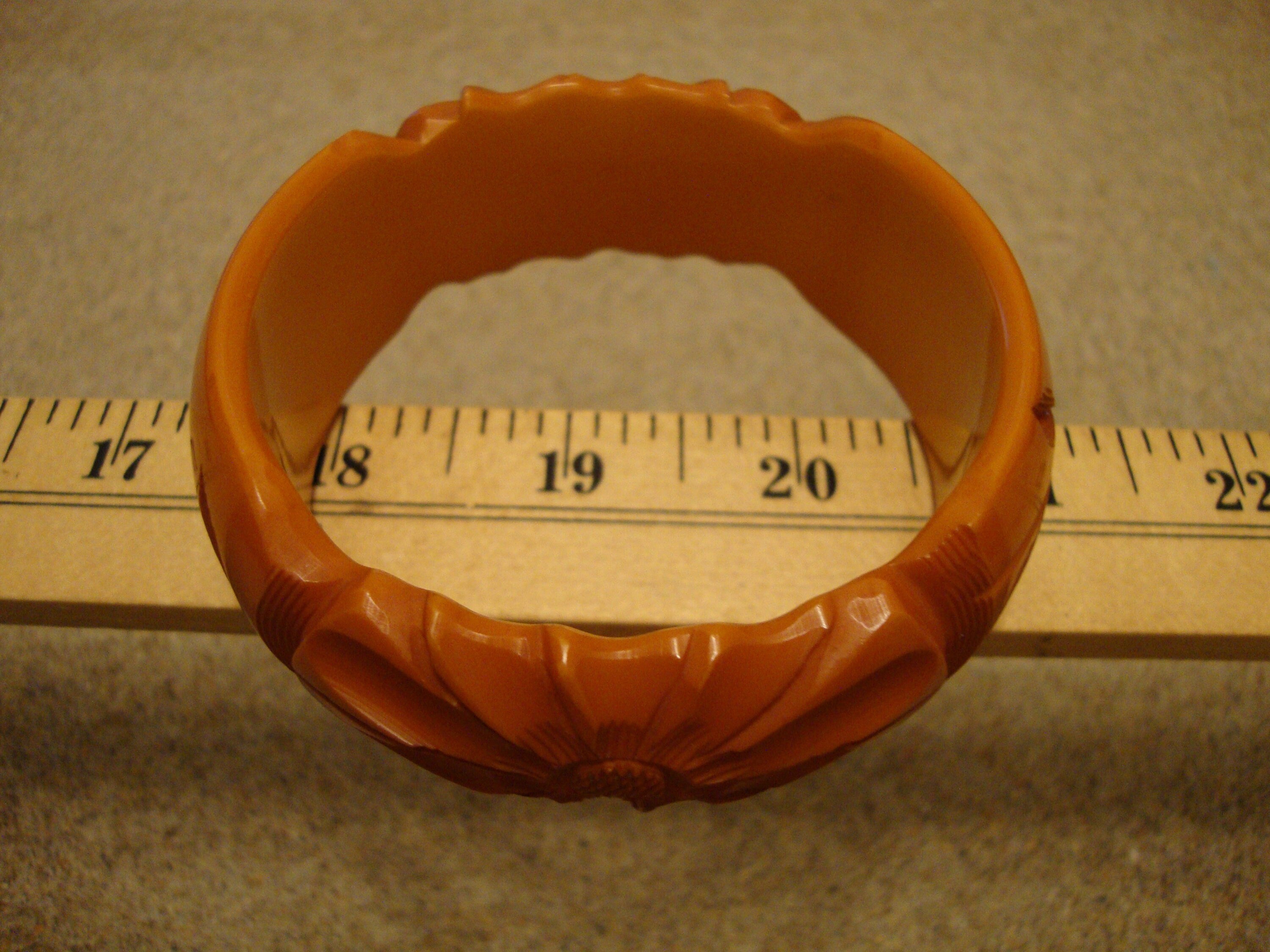 Vintage 1 1/8" Dark Butterscotch Bakelite Bracelet! Deep Flower & Leaf Carvings!