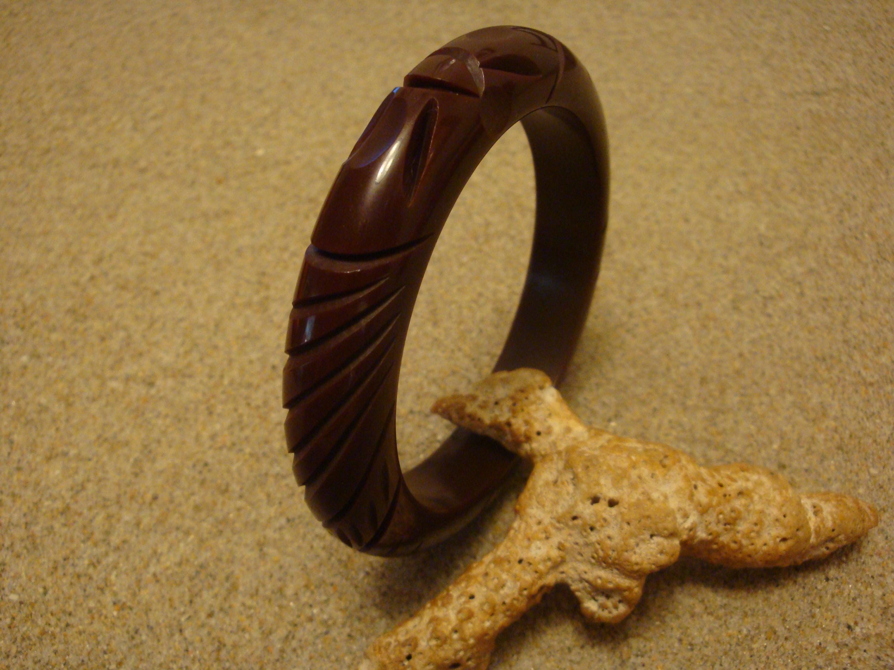 Vintage Brown Bakelite Bangle Bracelet, Carved Dragonfly Design