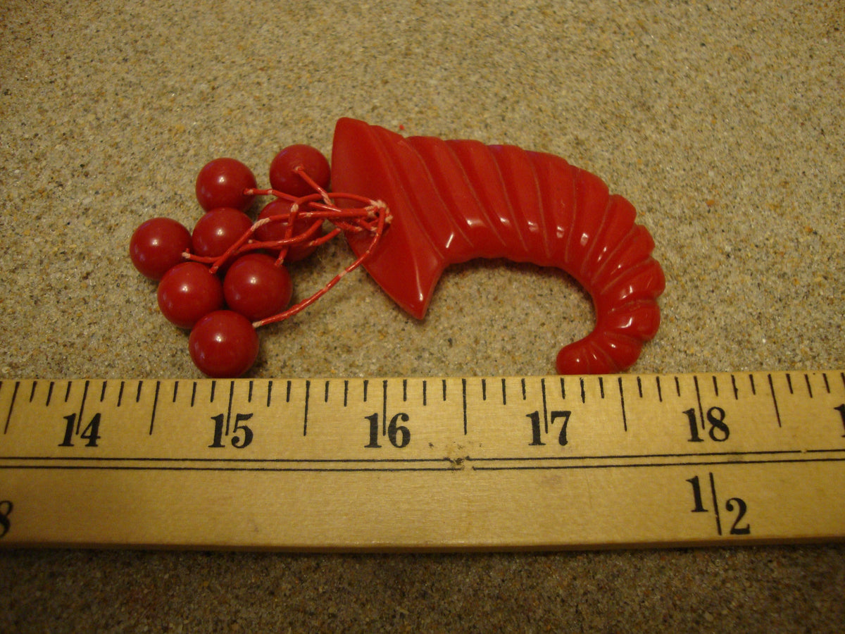 Vintage Red Bakelite Cornucopia Brooch w/ Eight Dangling Cherries!