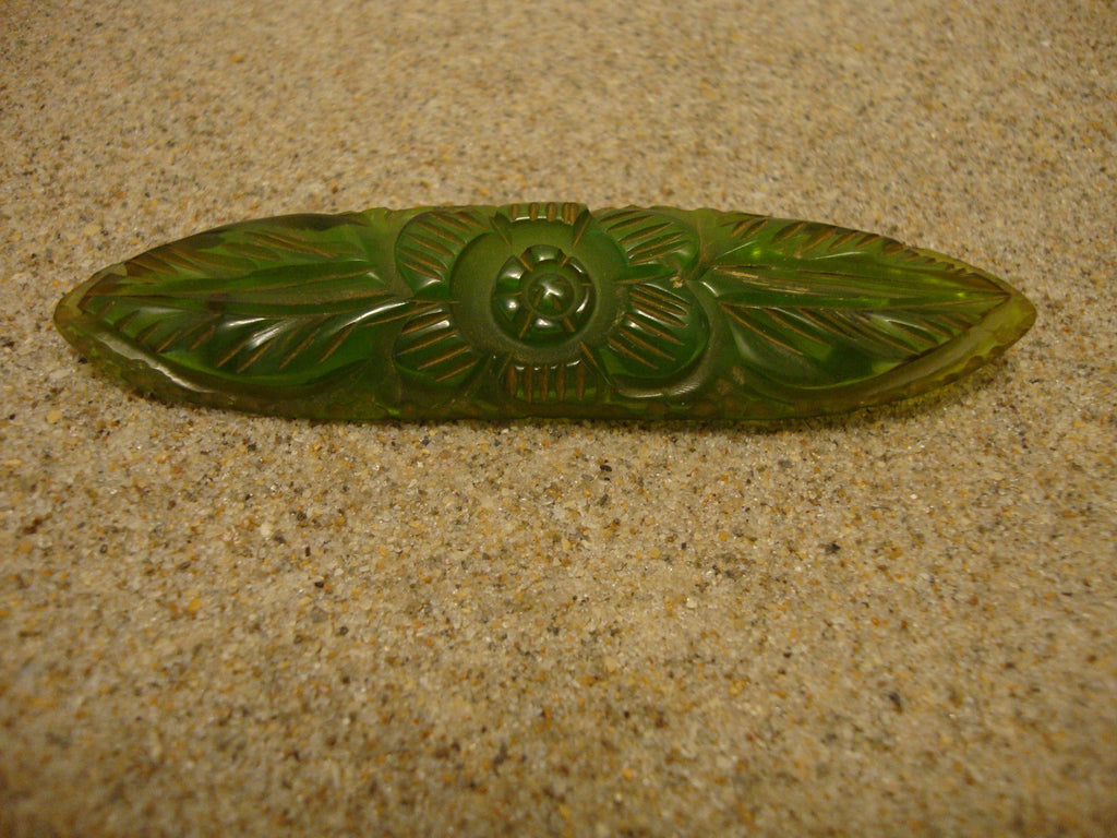 Vintage Bakelite Brooch! Translucent Lime Green w/ Carved Flower & Leaf Design!