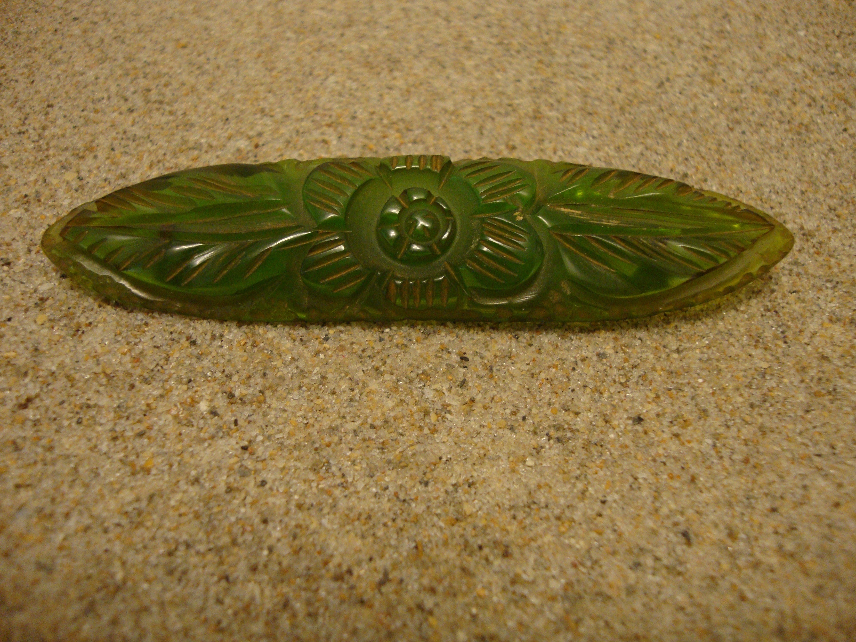 Vintage Bakelite Brooch! Translucent Lime Green w/ Carved Flower & Leaf Design!