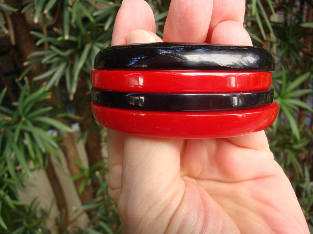 Restored Vintage 1 1/4" Cherry Red & Jet Black  Bakelite "Bookend" Bracelet Set!