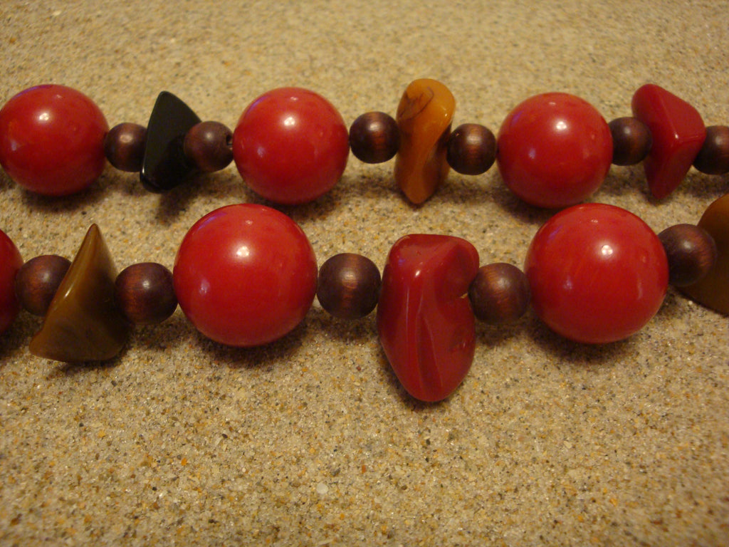 Unique 27" Artisan Bakelite Necklace! Round Red Beads w/ Multi Colored Chunks!