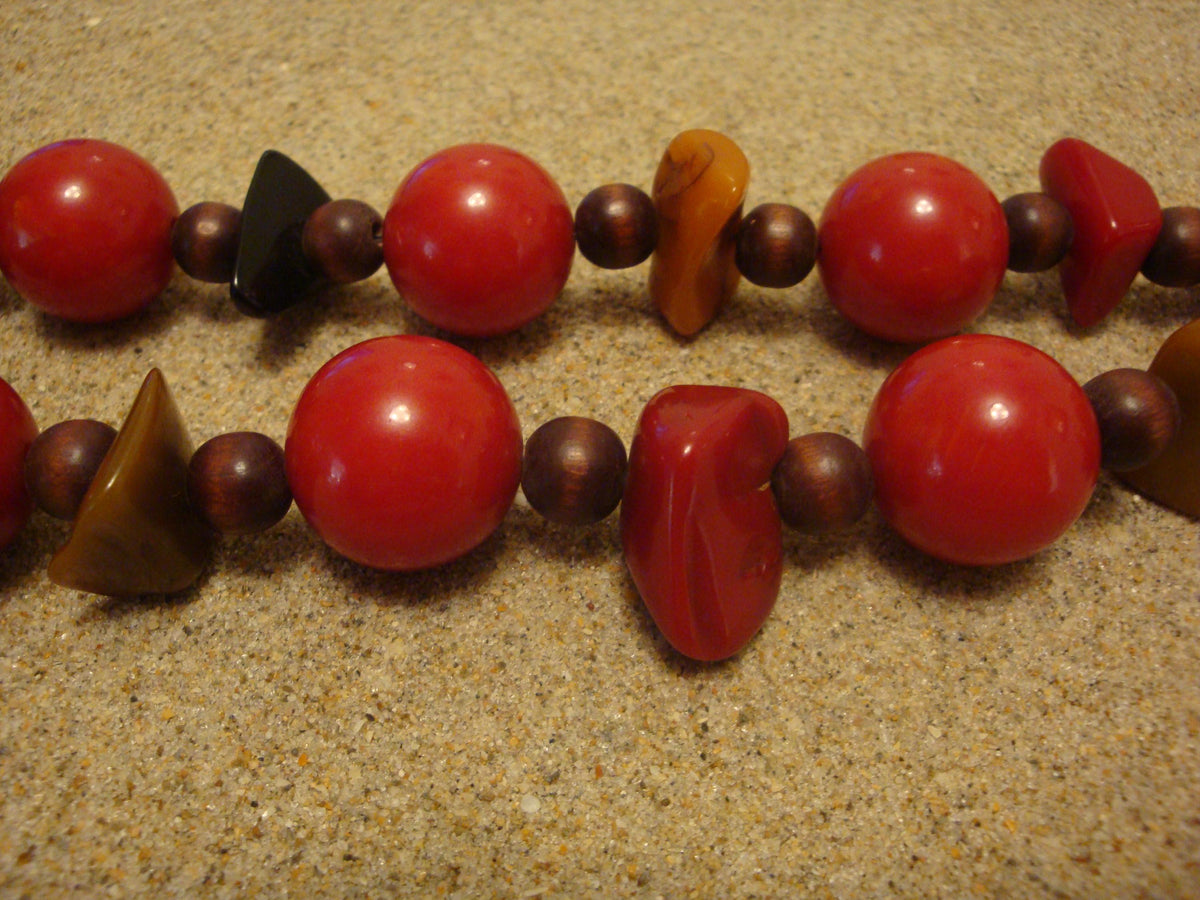 Unique 27" Artisan Bakelite Necklace! Round Red Beads w/ Multi Colored Chunks!