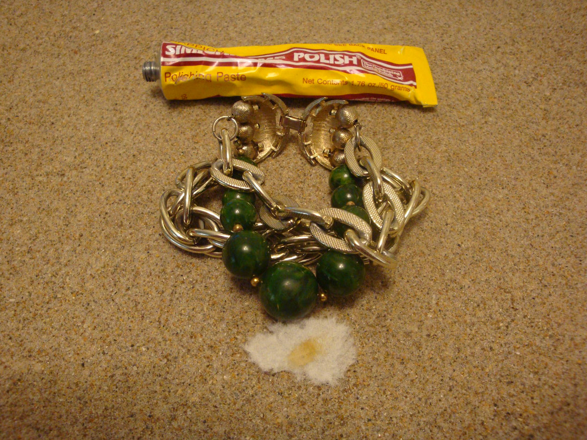 Vintage Marbled Green Bakelite Bead Bracelet with Silver-tone Chain