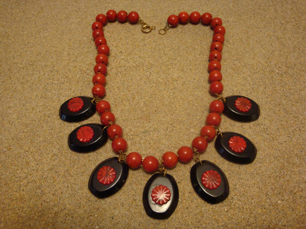 Vintage 23" Bakelite Necklace! Double Chain w/ Paprika Beads & Black Medallions!