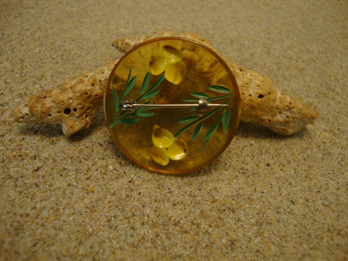 Vintage Bakelite Brooch: Hand-Painted Reverse Carved Flowers