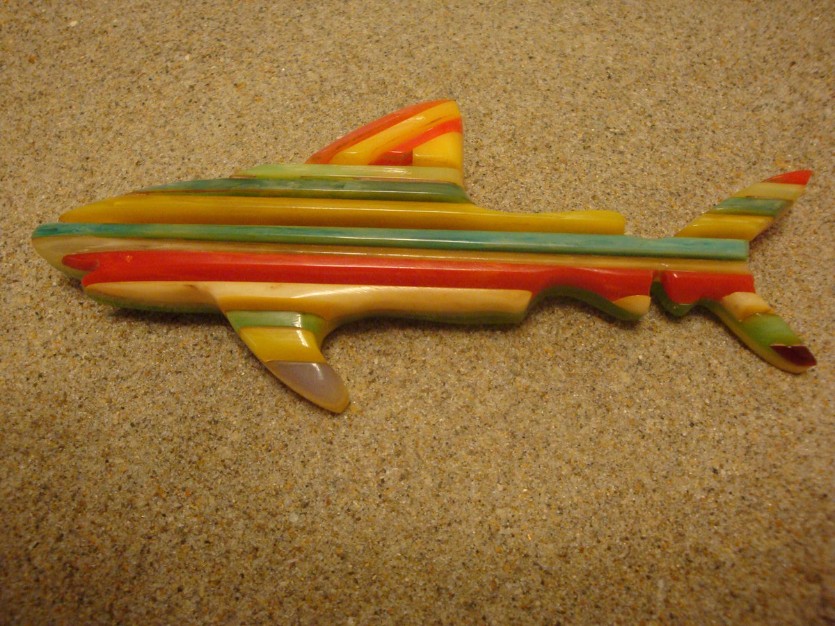 Rare Oversized Signed Shultz Shark Brooch! Bright Laminated Colors!