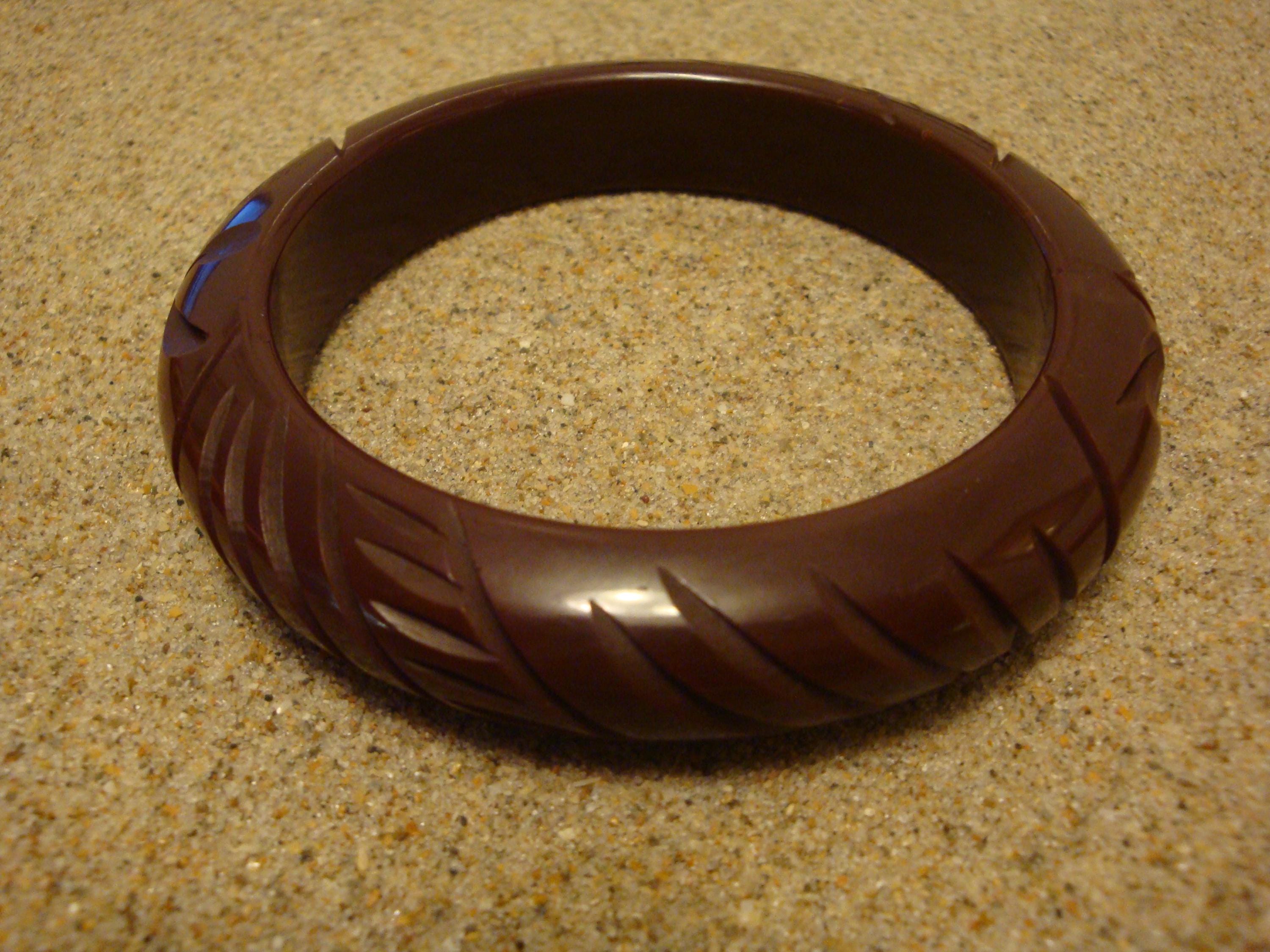 Vintage Brown Bakelite Bangle Bracelet, Carved Dragonfly Design