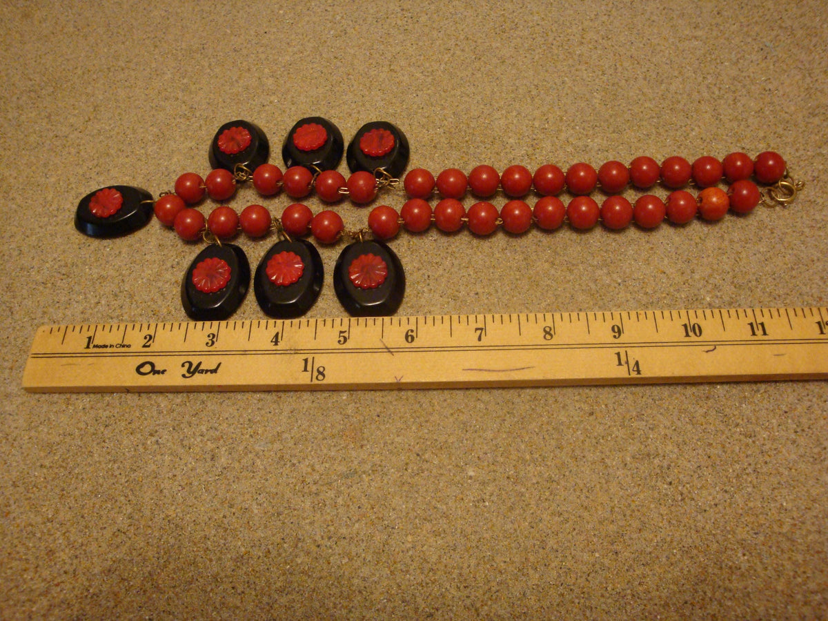 Vintage 23" Bakelite Necklace! Double Chain w/ Paprika Beads & Black Medallions!