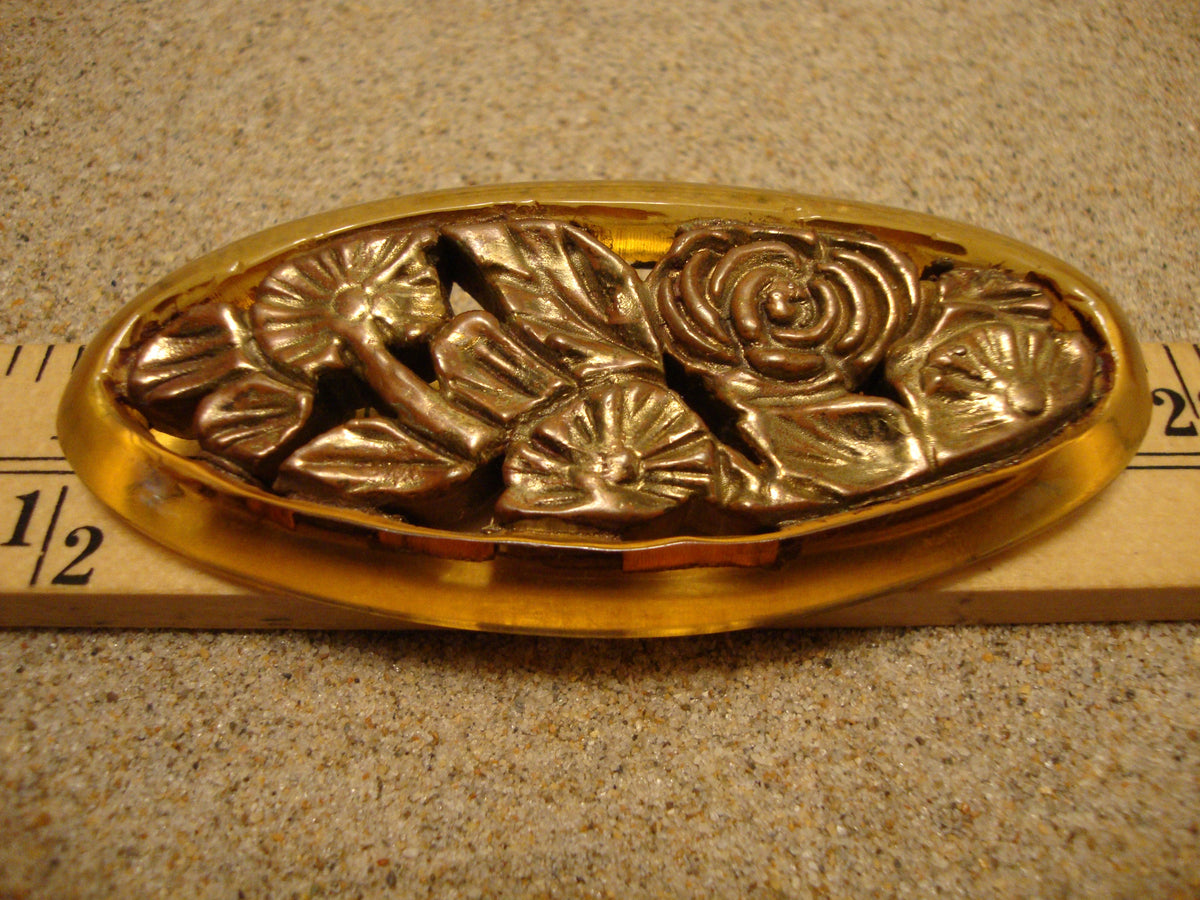 Rare Vintage Bakelite Brooch! Dichromatic Yellow w/ Gold Painted Rose Carvings!