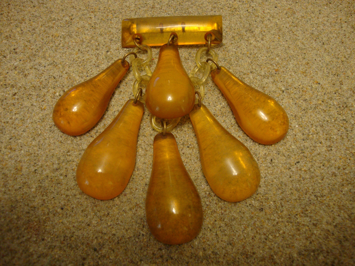 Vintage Gold Prystal Bakelite Brooch: Pear Dangle Bar Pin