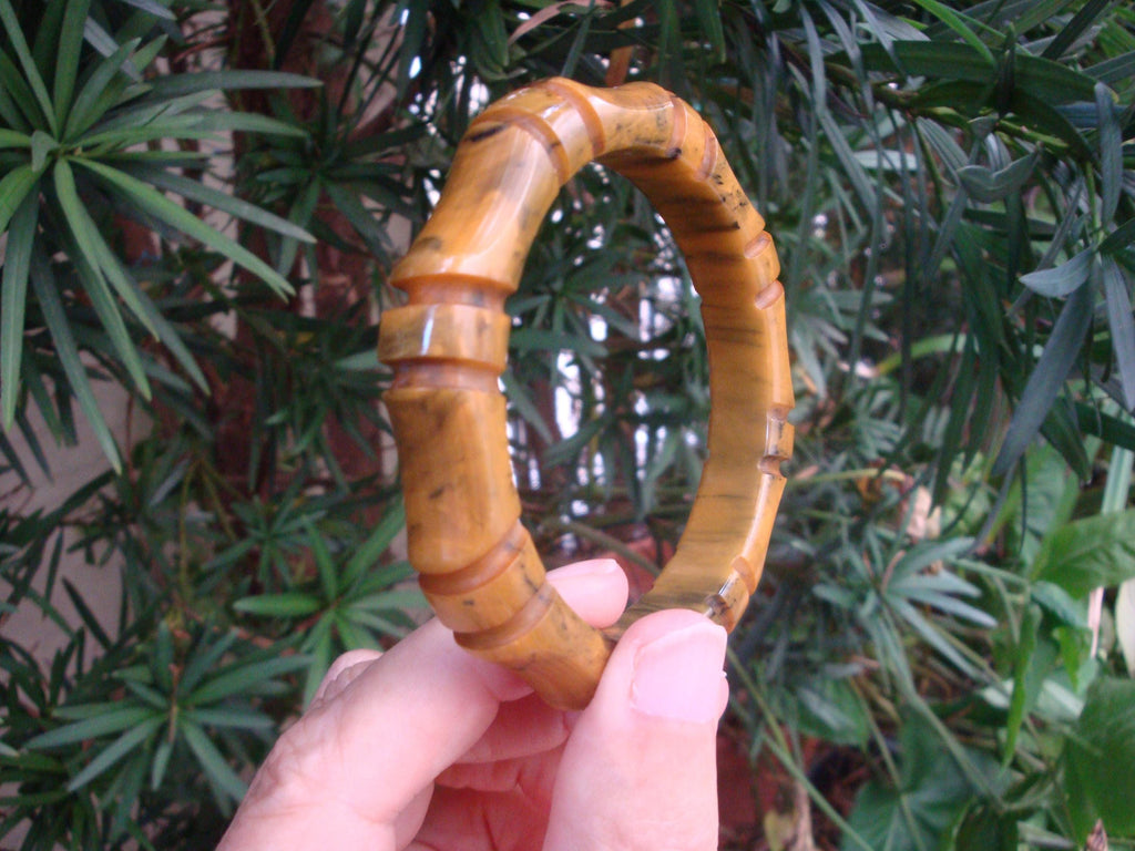 Vintage 1/2" Bakelite "Bamboo" Bracelet! Dark Mustard Yellow w/ Green Marbling!