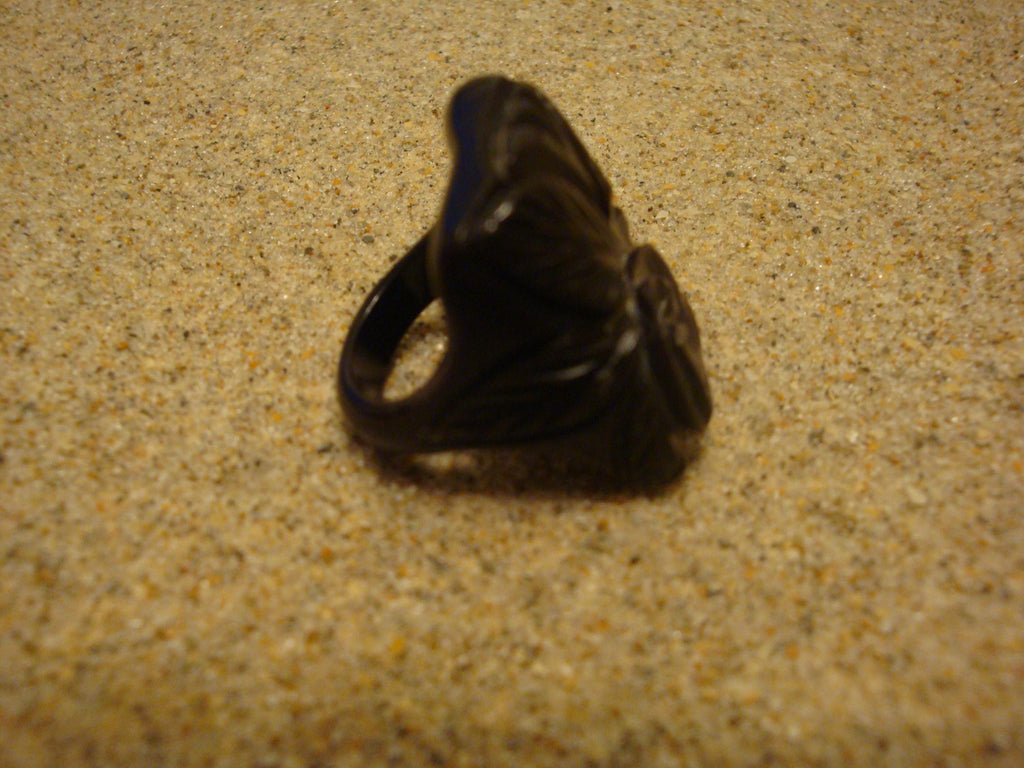 Vintage Jet Black Bakelite Ring! Flower & Leaf Carvings; Size 4!