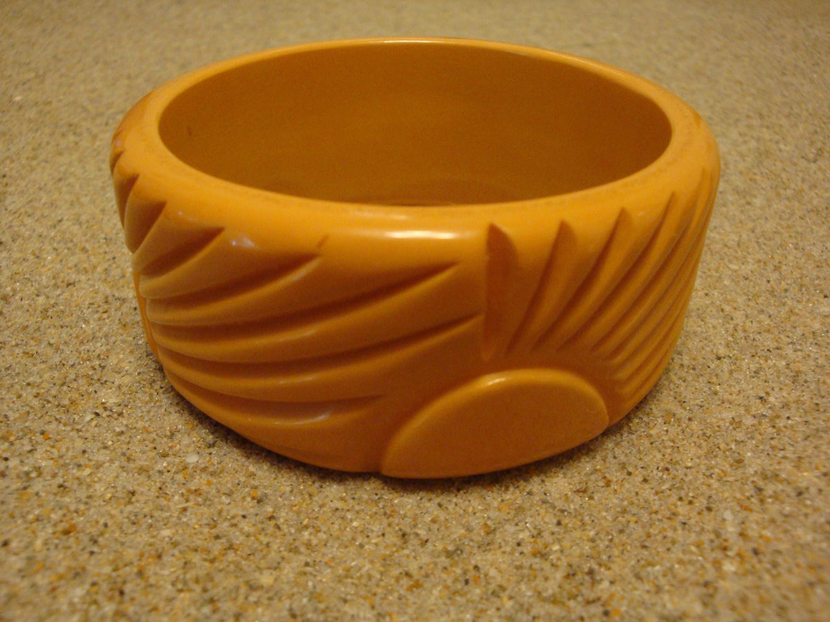 Vintage Canary Yellow Bakelite Bracelet: Carved Flower Design!