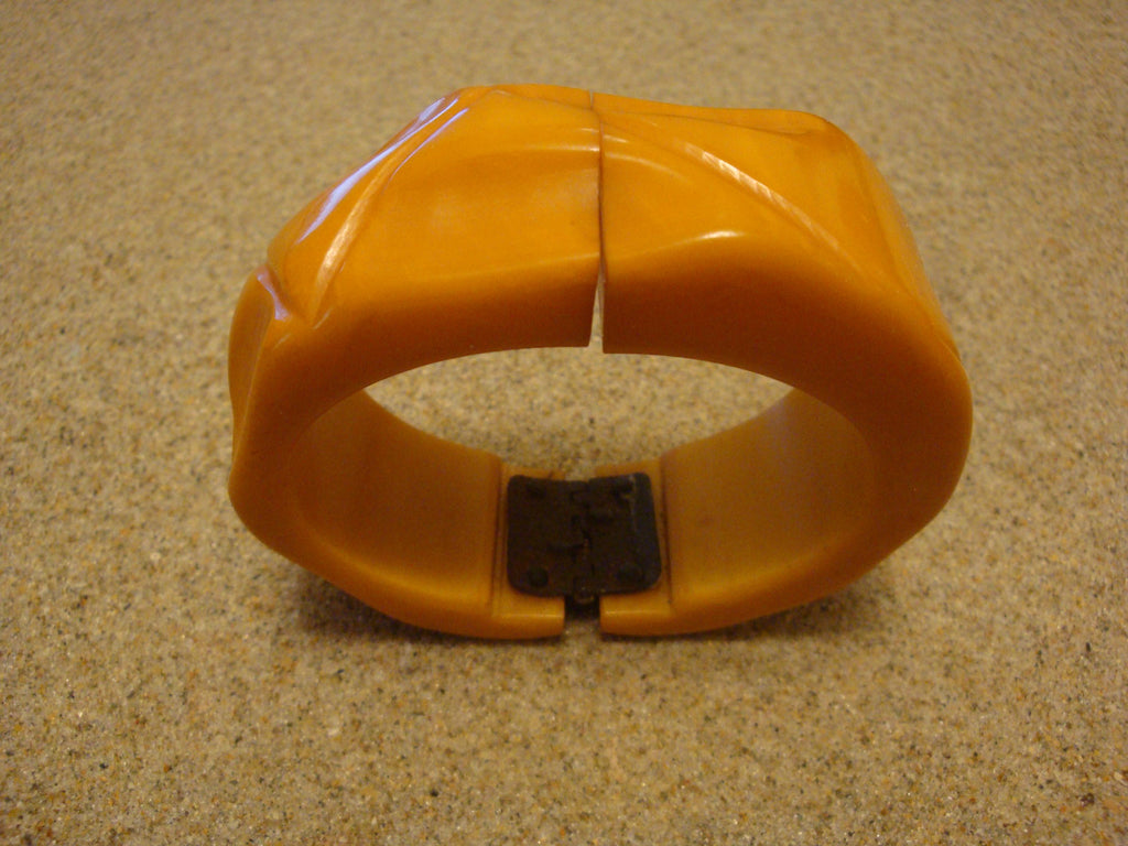 Vintage 1 1/4" Bakelite Clamper Bracelet! Yellow w/ Abstract Geometric Carvings!
