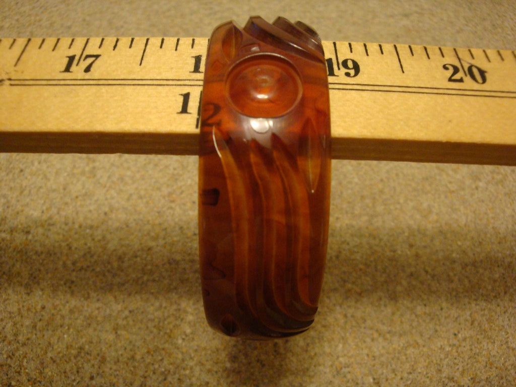 Vintage 7/8" Bakelite Bracelet! Translucent Copper & Rust w/Circle Dot and Contoured Carvings!