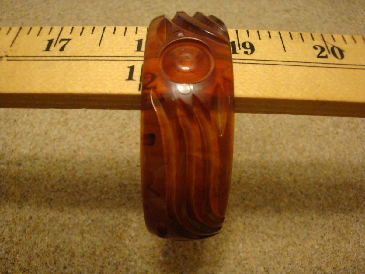Vintage 7/8" Bakelite Bracelet! Translucent Copper & Rust w/Circle Dot and Contoured Carvings!