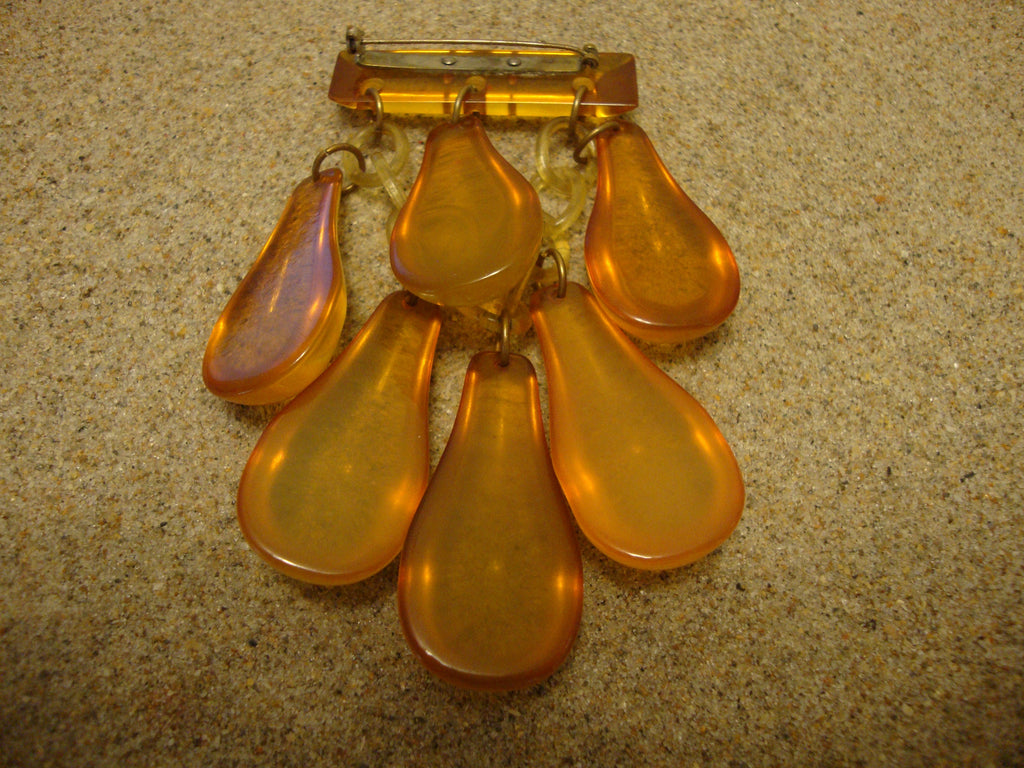 Vintage Gold Prystal Bakelite Brooch: Pear Dangle Bar Pin